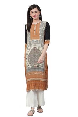 Mustard printed liva ethnic-kurtis 1