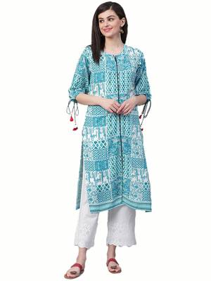 Turquoise printed liva ethnic-kurtis 1