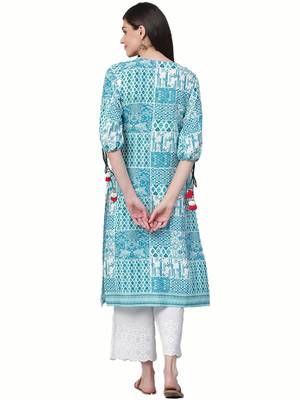 Turquoise printed liva ethnic-kurtis 2