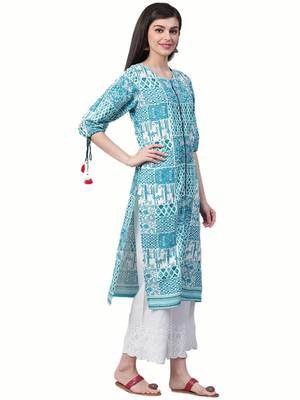 Turquoise printed liva ethnic-kurtis 3