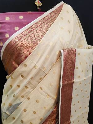 White woven cotton silk saree with blouse 2
