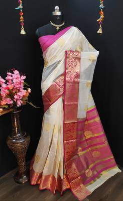 White woven cotton silk saree with blouse 1