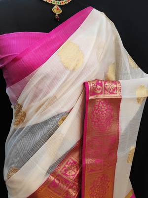 White woven cotton silk saree with blouse 2