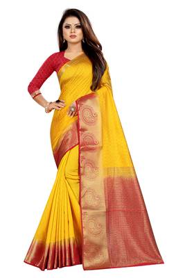 yellow woven banarasi saree with blouse 1
