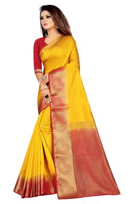 yellow woven banarasi saree with blouse 2
