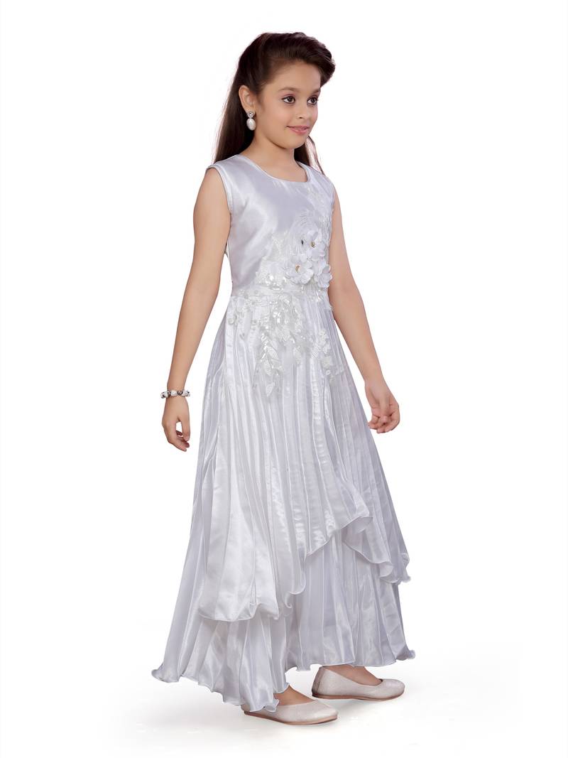 White hand woven silk kids-girl-gowns - Aarika - 3299564