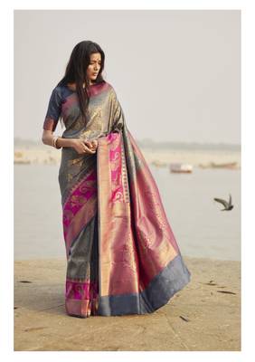 Grey Color Weaving With Jacquard/Printed Work Saree 1