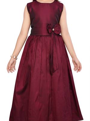 Maroon plain silk kids-girl-gowns 5