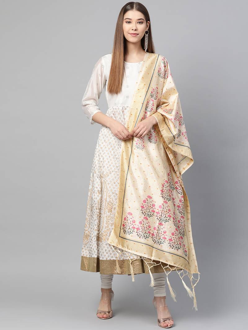 Sutram Bamboo Buti Silk Cream Digital Printed Dupatta