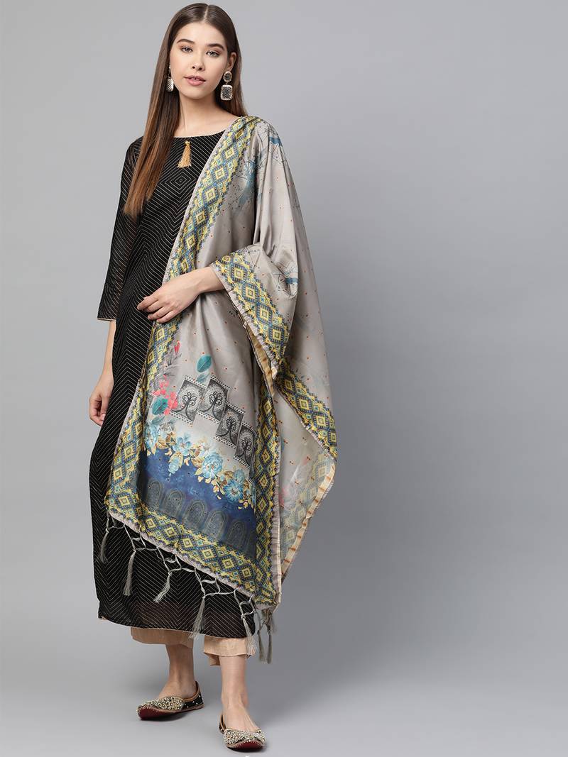 Sutram Bamboo Buti Silk Grey Digital Printed Dupatta