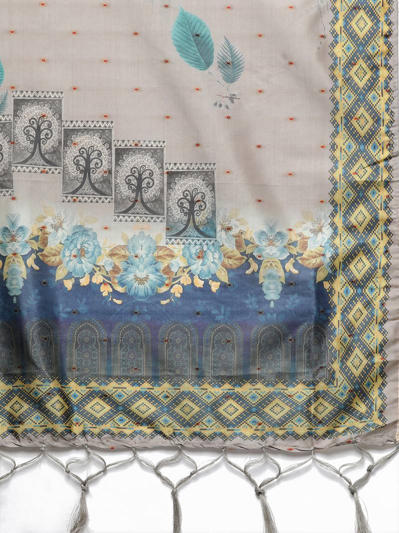 Sutram Bamboo Buti Silk Grey Digital Printed Dupatta