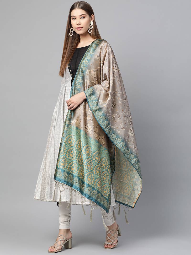 Sutram Bamboo Buti Silk Grey Digital Printed Dupatta