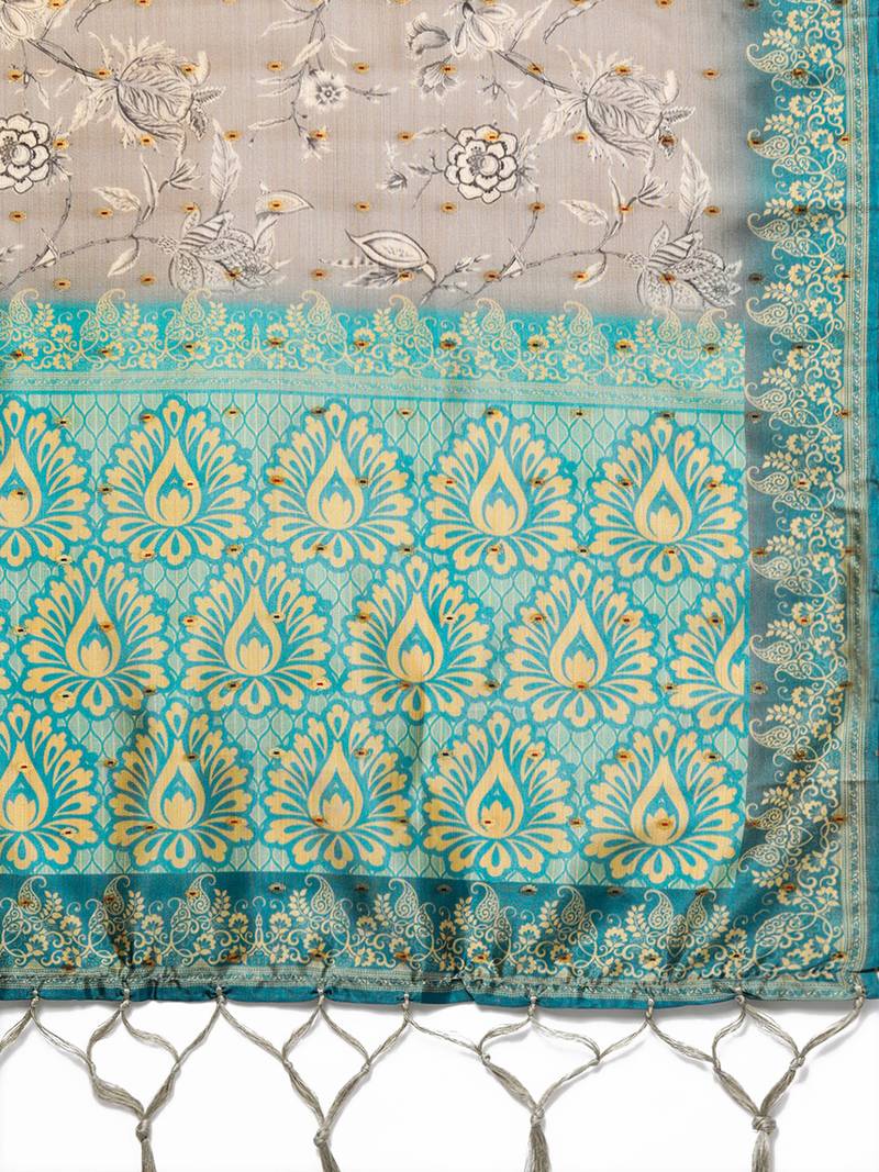 Sutram Bamboo Buti Silk Grey Digital Printed Dupatta