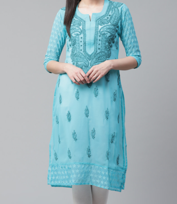 Lucknowi Chikan Kurti Hakoba Style Blue 1
