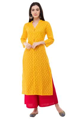 Yellow printed cotton ethnic-kurtis 1