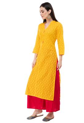 Yellow printed cotton ethnic-kurtis 3