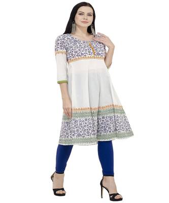 Cotton white Anarkali Block Printed Kurta 1