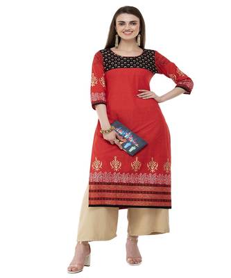 Cotton Red Straight Block Printed Kurta 1