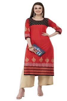 Cotton Red Straight Block Printed Kurta