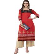 Cotton Red Straight Block Printed Kurta