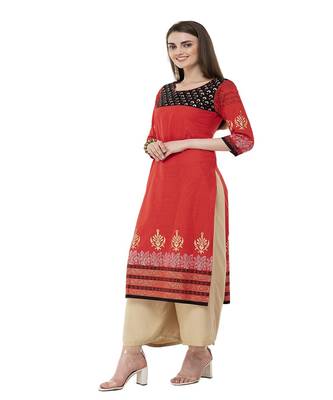 Cotton Red Straight Block Printed Kurta 2
