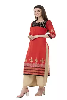 Cotton Red Straight Block Printed Kurta