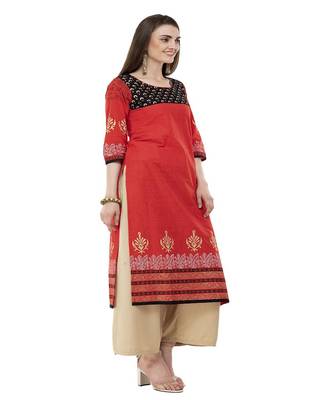 Cotton Red Straight Block Printed Kurta 3