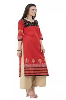 Cotton Red Straight Block Printed Kurta