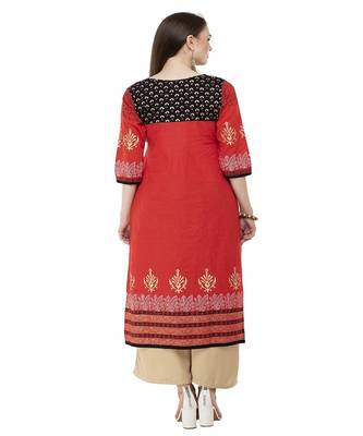 Cotton Red Straight Block Printed Kurta 5