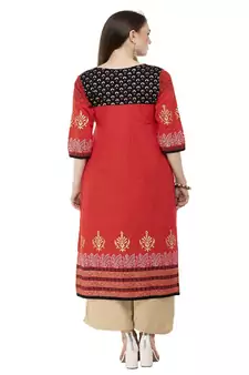 Cotton Red Straight Block Printed Kurta