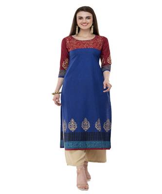 Cotton royal blue Straight Block Printed Kurta 1