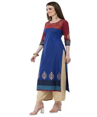 Cotton royal blue Straight Block Printed Kurta 2