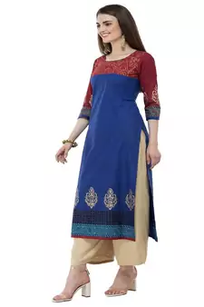 Cotton royal blue Straight Block Printed Kurta