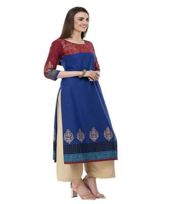 Cotton royal blue Straight Block Printed Kurta 3