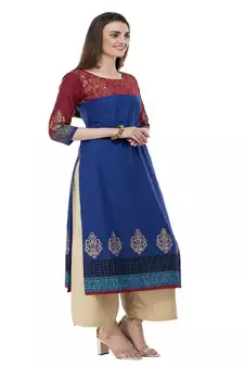 Cotton royal blue Straight Block Printed Kurta