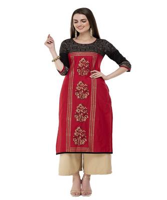 Cotton red Straight Block Printed Kurta 1