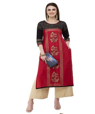 Cotton red Straight Block Printed Kurta 2