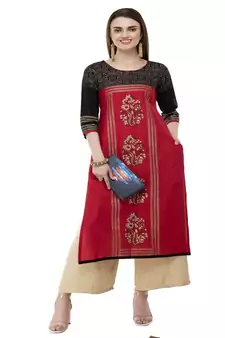 Cotton red Straight Block Printed Kurta