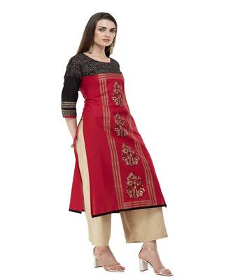 Cotton red Straight Block Printed Kurta 3