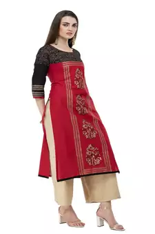 Cotton red Straight Block Printed Kurta