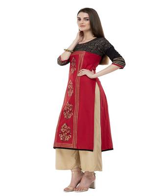 Cotton red Straight Block Printed Kurta 4