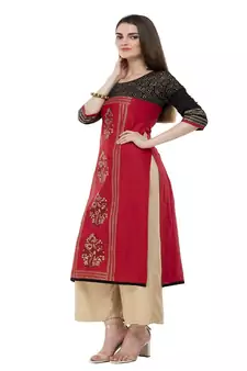 Cotton red Straight Block Printed Kurta