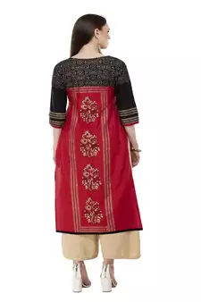 Cotton red Straight Block Printed Kurta