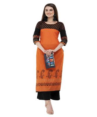 Cotton orange Straight Block Printed Kurta 1