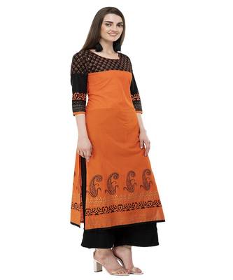 Cotton orange Straight Block Printed Kurta 2
