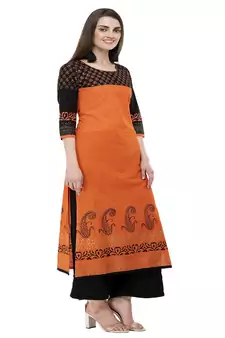 Cotton orange Straight Block Printed Kurta