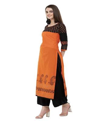 Cotton orange Straight Block Printed Kurta 3