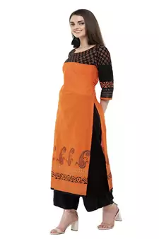 Cotton orange Straight Block Printed Kurta