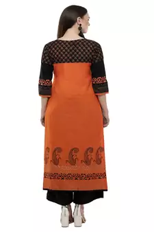Cotton orange Straight Block Printed Kurta