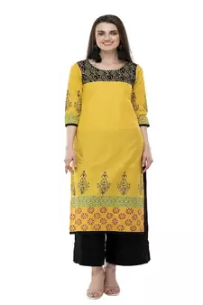 Cotton yellow Straight Block Printed Kurta